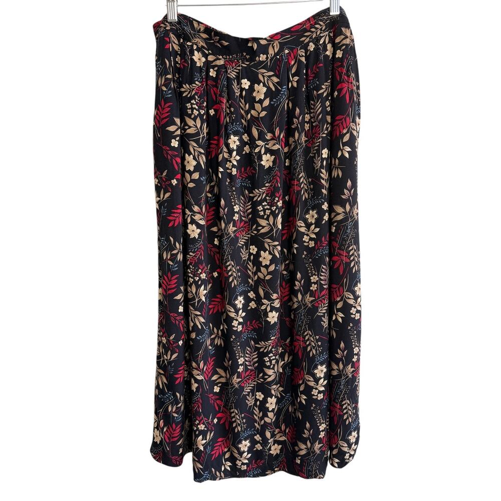 Sag Harbor Women Black Floral Midi Skirt Large Pockets Elastic Waist Boho Rayon